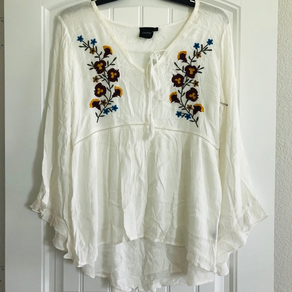 CLICHÉ WHITE FLORAL RUFFLE BLOUSE SIZE L NWT - Picture 2 of 8